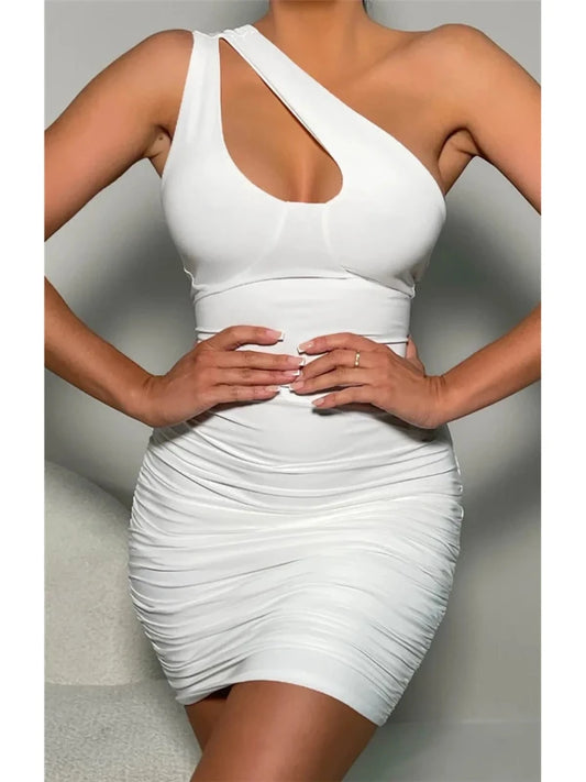 Cut Out One Shoulder Ruched Mini White Bodycon Party Dress