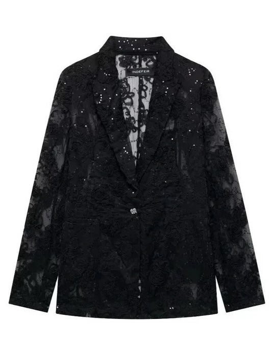 Lapel Sheer Floral Lace Sequin Black Dress Blazer