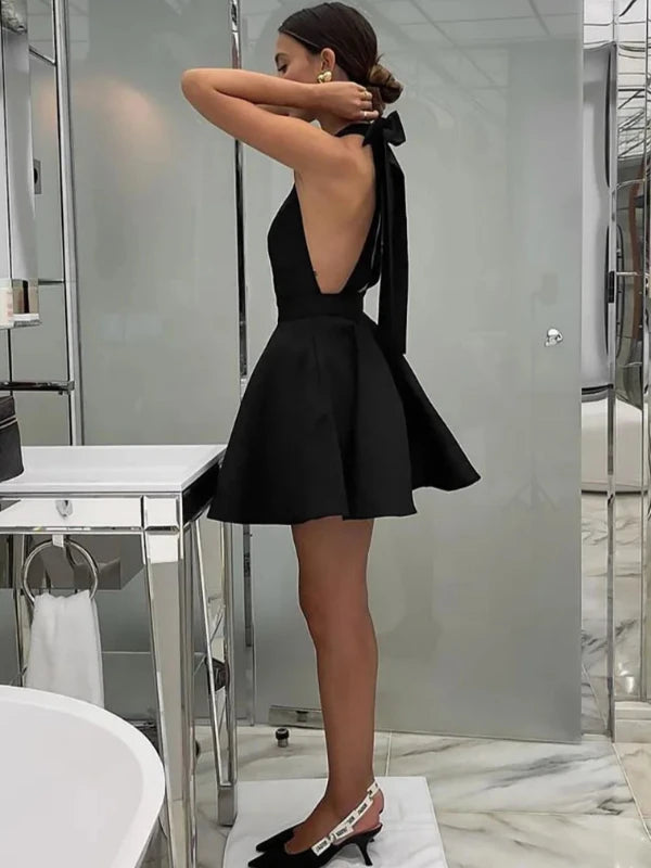 Lace Up Bow Halter Backless A-line Short Cocktail Dress