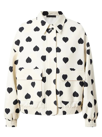 Black Heart Pattern White Short Zipper Bomber Jacket