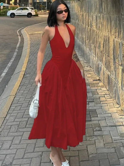 Halter Low Cut Slim Waist Backless Swing Dress