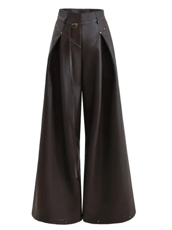 Retro Rivet Faux Leather Wide-Leg Trousers With Belt