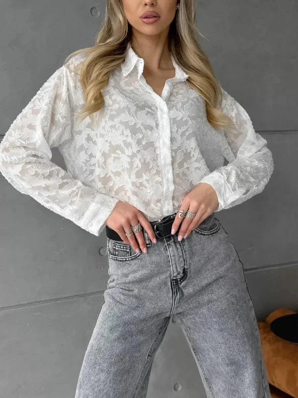 White Long Sleeve Mesh Jacquard Sheer Shirt