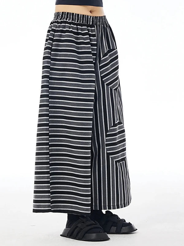 Elastic Waist Black Striped Long Wide Leg Pants