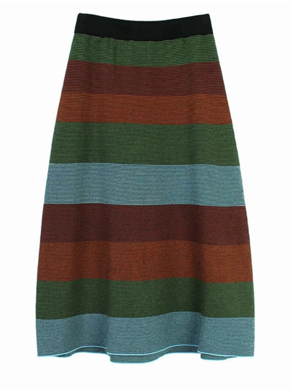 Elastic Waist Wide Striped Knit Midi Dress