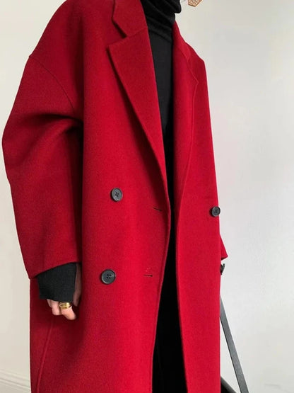 Lapel Pocket Long Double Faced Wool Cashmere Coat