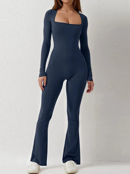 Square Neck Long Sleeve One-Piece Sporty Jumpsuit