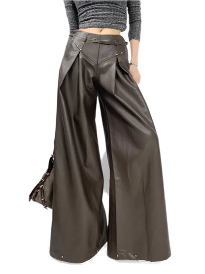 Retro Rivet Faux Leather Wide-Leg Trousers With Belt