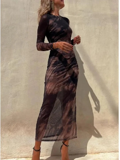 O-Neck Long Sleeve Slim Fit Mesh Side Split Maxi Dress