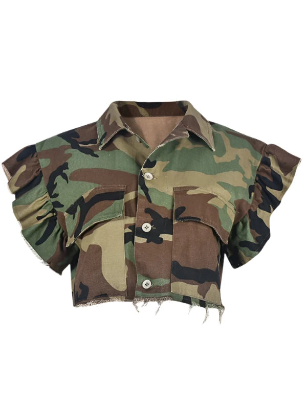 Camouflage Butterfly Sleeve Ripped Crop Shirt Top