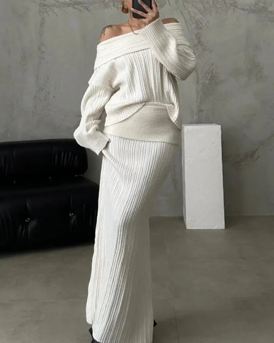 Off Shoulder Knitted Sweater and Long Skirt Set Outfit