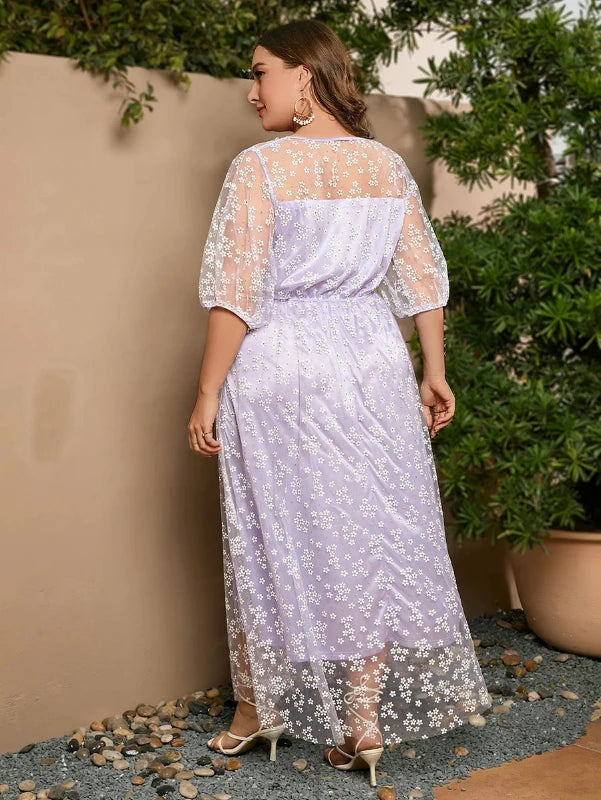 Puff Sleeve Ditsy Floral Plus Size Purple Prom Dress