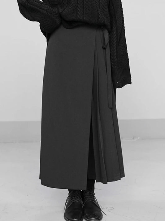 Black Elastic Waist Pleated Split Wide Leg Trousers