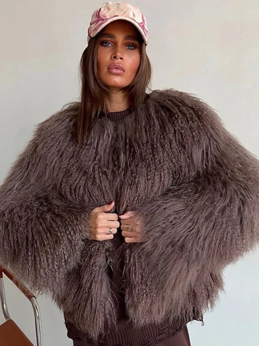 Round Neck Open Stitch Shaggy Faux Fur Short Coat