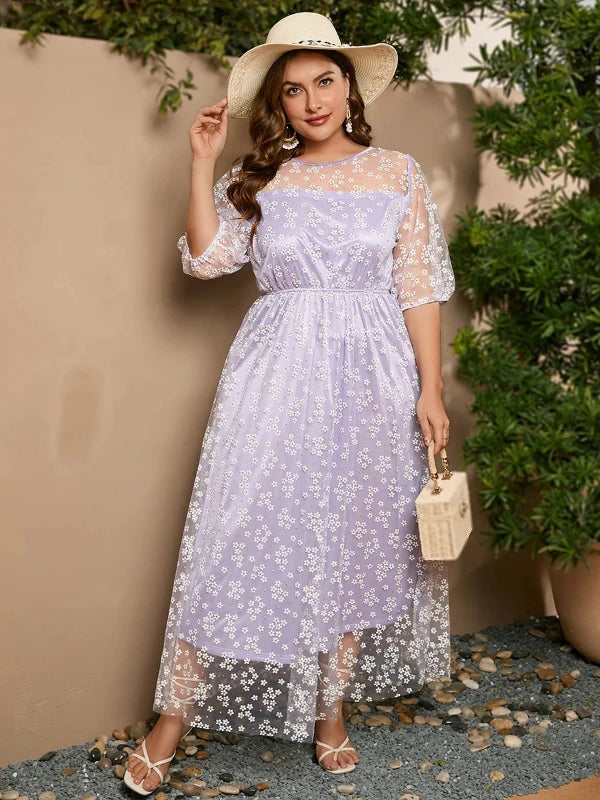 Puff Sleeve Ditsy Floral Plus Size Purple Prom Dress