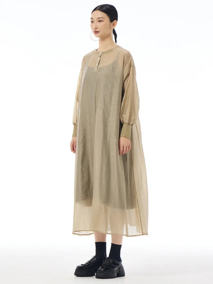 Reversible Buttons Shirt Sleeve Mesh Sheer Maxi Dress