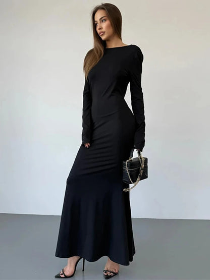 Gold Rose Floral Charm Long Sleeve Maxi Black Backless Dress