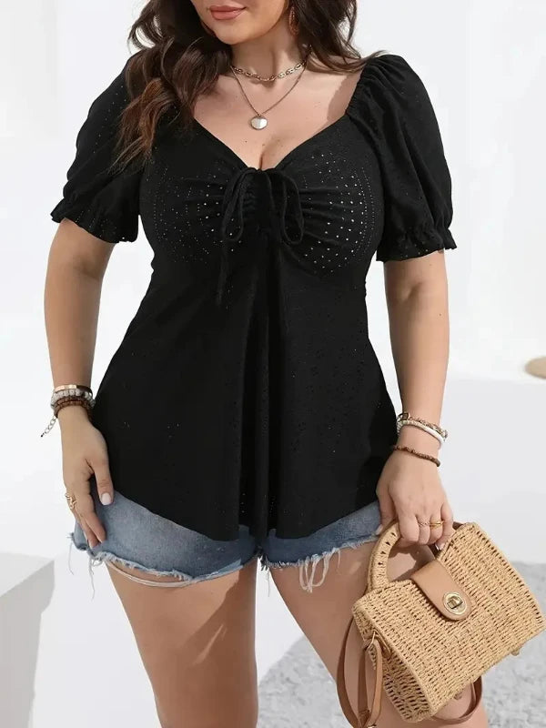 Sweetheart Neck Front Knot Short Sleeve Plus Size Top