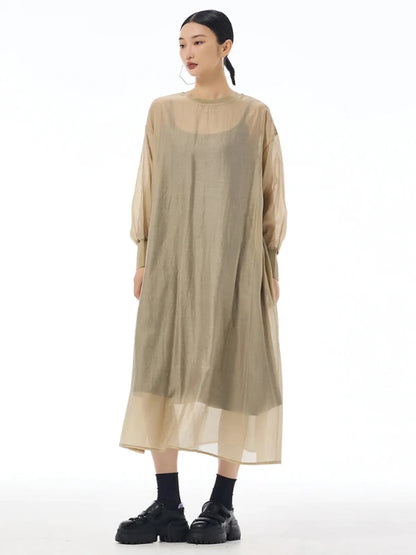 Reversible Buttons Shirt Sleeve Mesh Sheer Maxi Dress