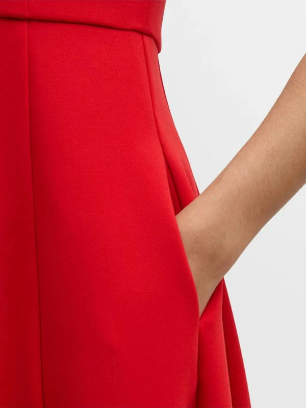 Square Collar Short Sleeve Red A-Line Formal Dress with Pockets