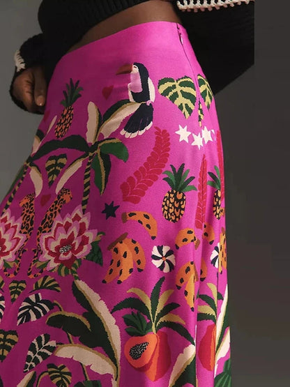 High Waist Tropical Floral Pattern Side Zipper Maxi Skirt