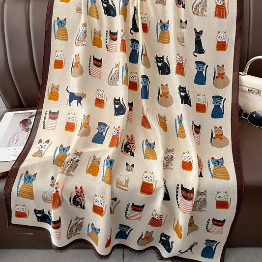 Cartoon Cat Pattern Large Long Wrap Neck Scarf