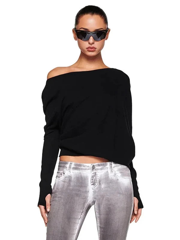 Skew Collar Thumb Sleeve Elastic Waist Long Sleeve Top