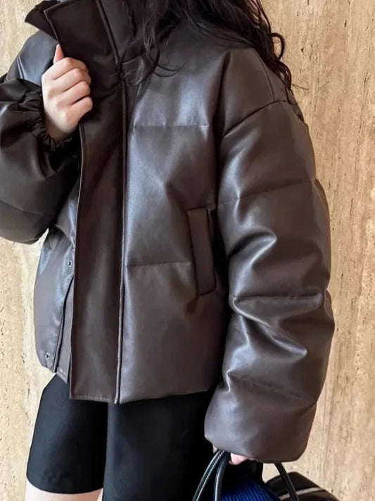 Warm Zipper Short Faux Leather Puff Coat Jacket