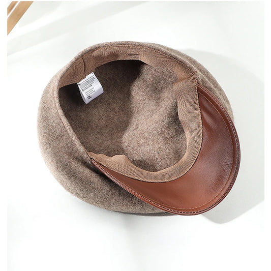 PU Leather Brim Wool Felt Octagonal Beret Hat