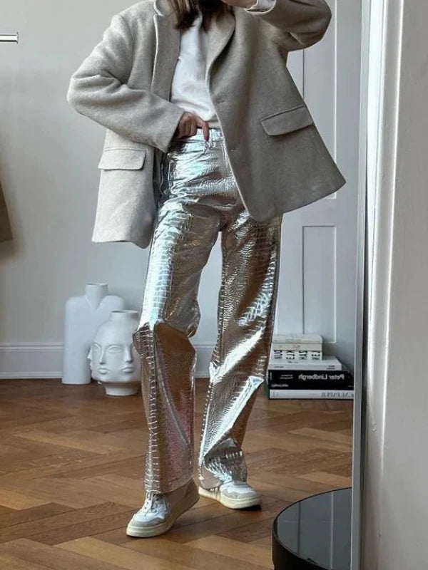 High Waist Shiny Silver PU Leather Long Straight Pants