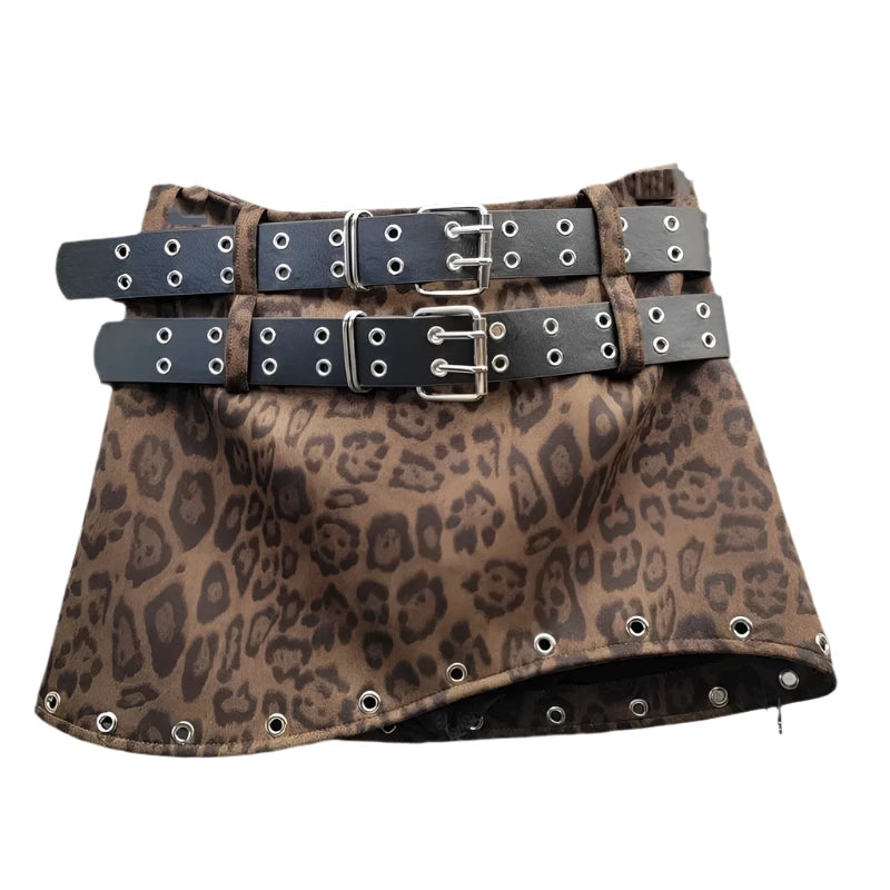 Eyelet Double Belts Leopard Print Mini Skirt