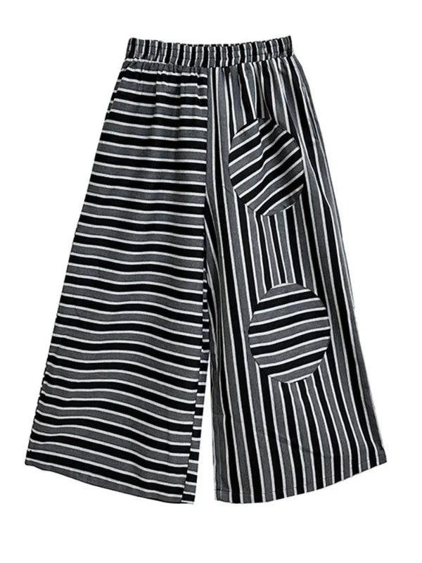 Elastic Waist Black Striped Long Wide Leg Pants