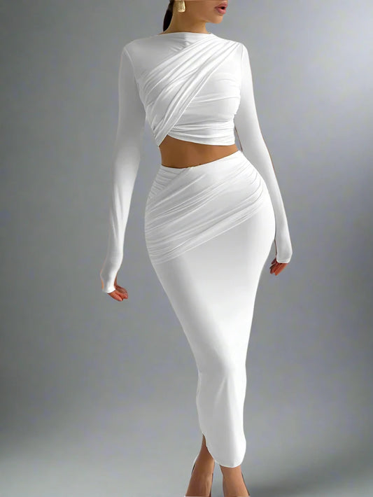 White Fold Crop Top and Long Bodycon Skirt Two Piece Set