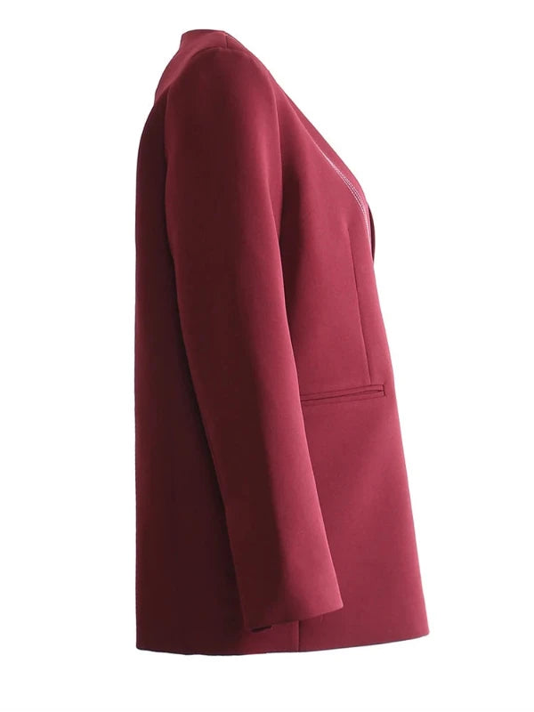 Wine Red Top Stitch Notched Collar Pullover Blazer