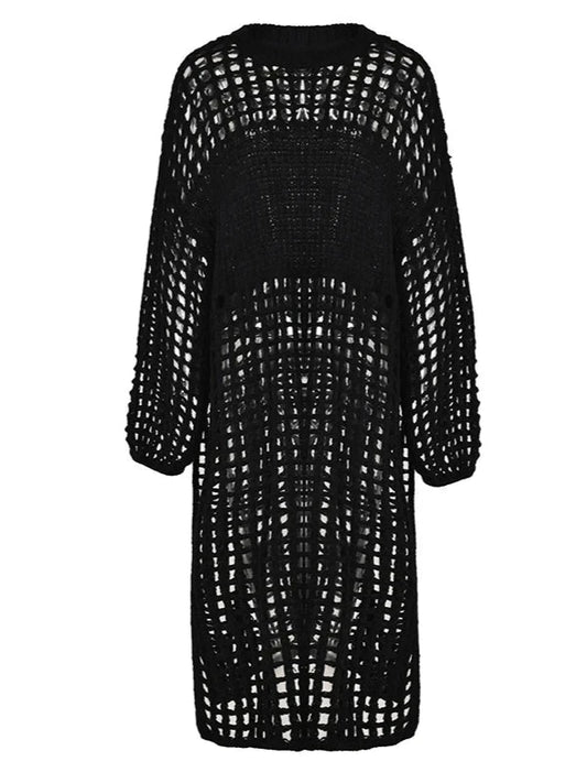 Round Neck Long Sleeve Midi Black Knitted Dress