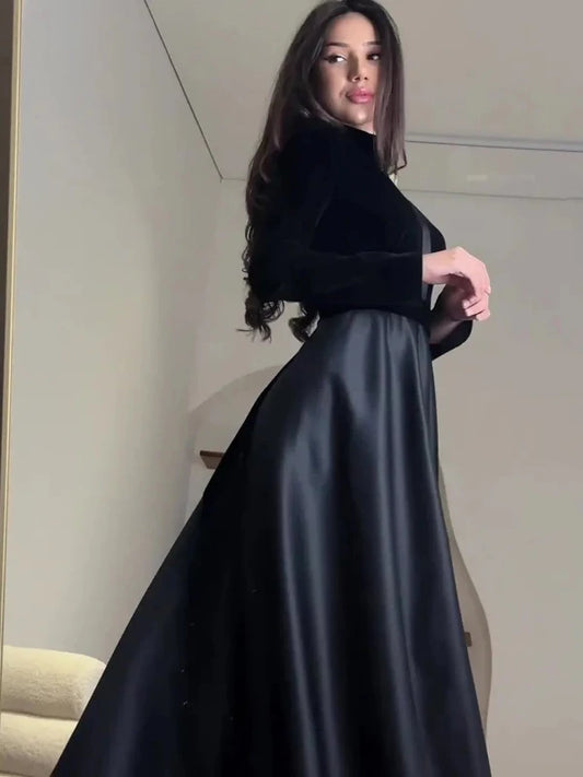 Slim Waist Long Sleeve Black Velvet A-Line Dress