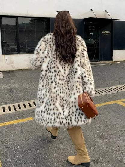 Lapel Open Stitch Faux Fur Leopard Print Coat