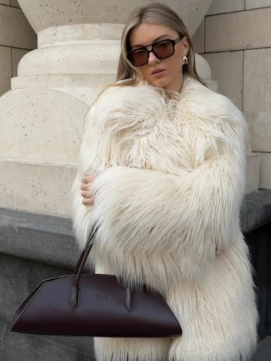 Big Lapel Thick Fluffy White Faux Fur Coat