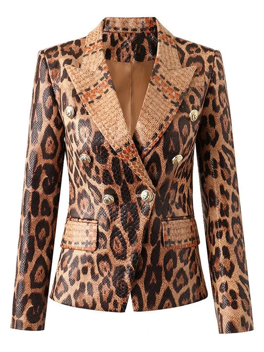 Notched Collar Gold Buttons Leopard Print Faux Leather Jacket