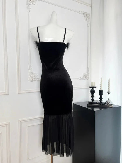 Feather Neck Mesh Black Velvet Bodycon Fishtail Dress