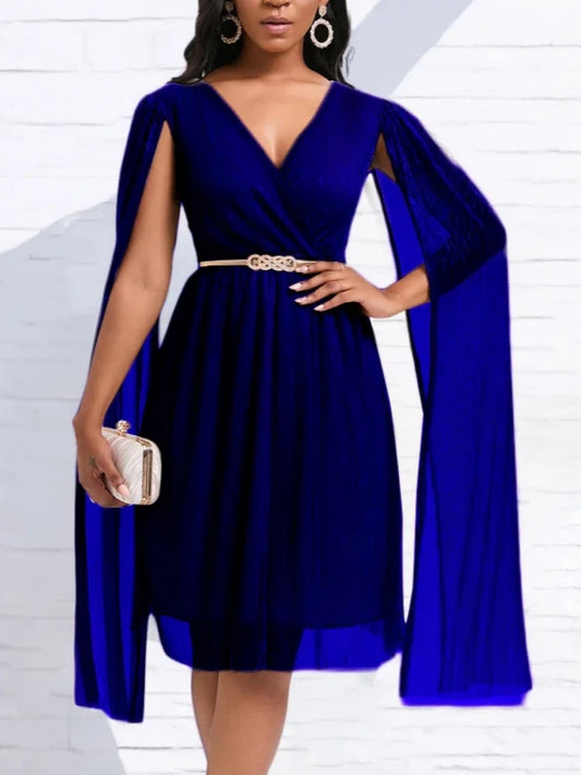 Shimmer V-Neck Long Split Mesh Sleeve Short Cocktail Party Dress