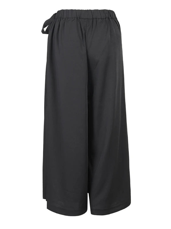 Black Elastic Waist Pleated Split Wide Leg Trousers