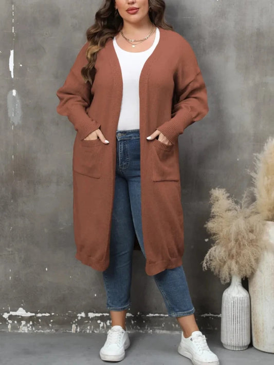 V-Neck Pockets Plus Size Maxi Knitted Cardigan