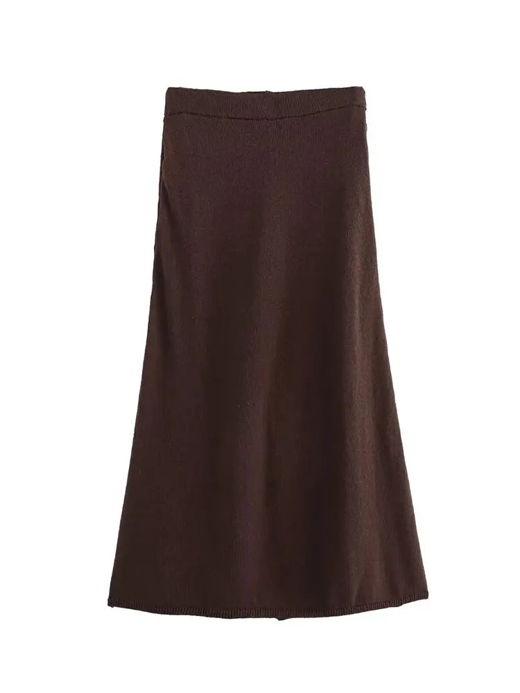 Brown Side Tie-Up Long Wide-Leg Knit Skirt Pants