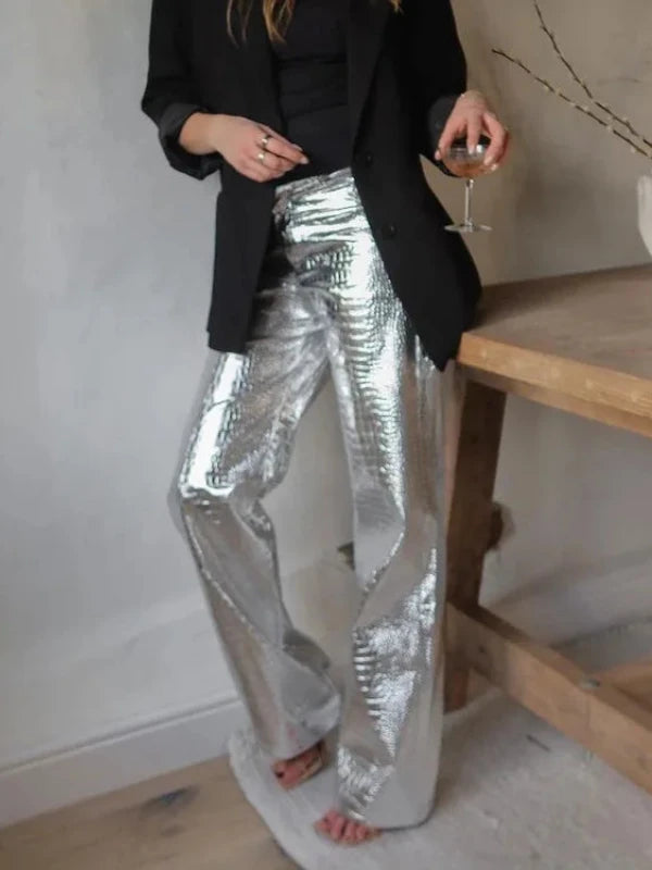 High Waist Shiny Silver PU Leather Long Straight Pants