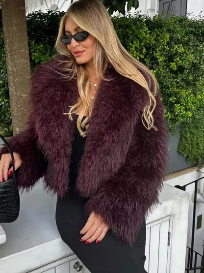 Turndown Collar Warm Thick Fluffy Short Faux Fur Coat