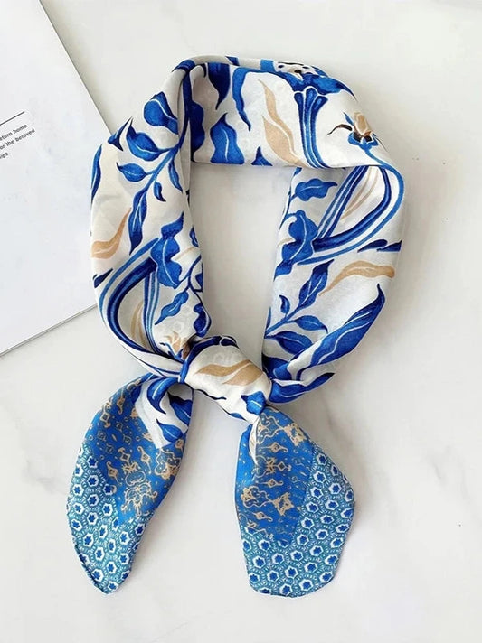 Blue Floral Leaf Print Satin Tie Square Neck Scarf