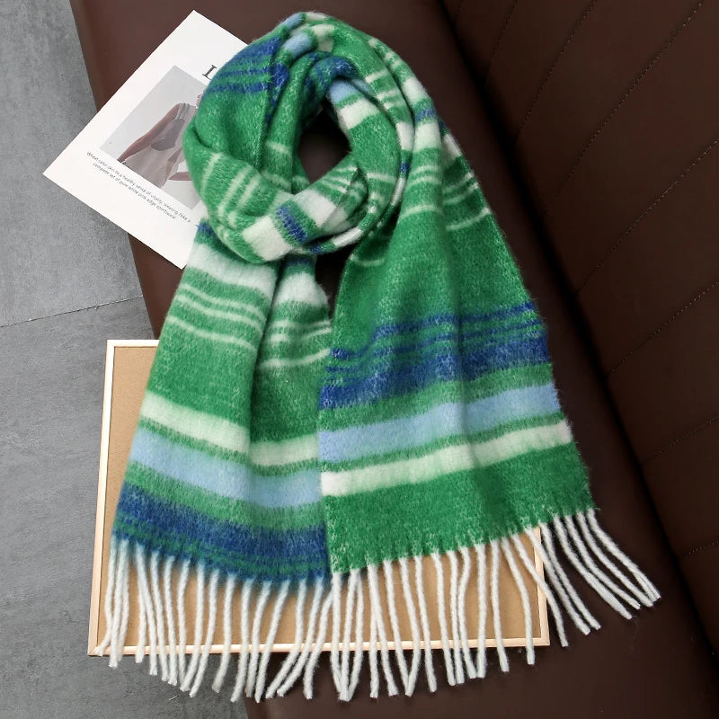 Striped Cashmere Long Wrap Winter Scarf with Tassel