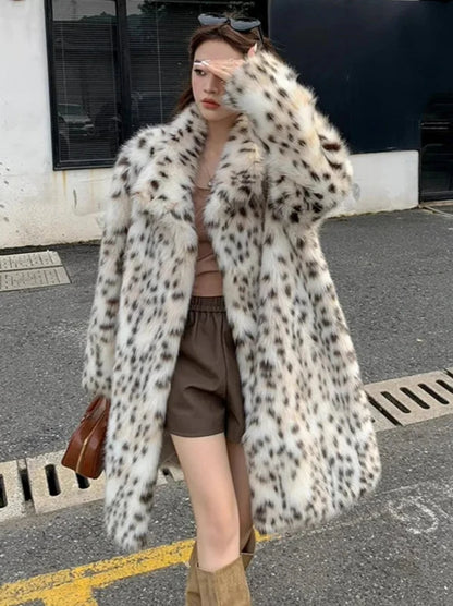 Lapel Open Stitch Faux Fur Leopard Print Coat