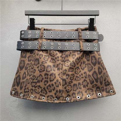 Eyelet Double Belts Leopard Print Mini Skirt